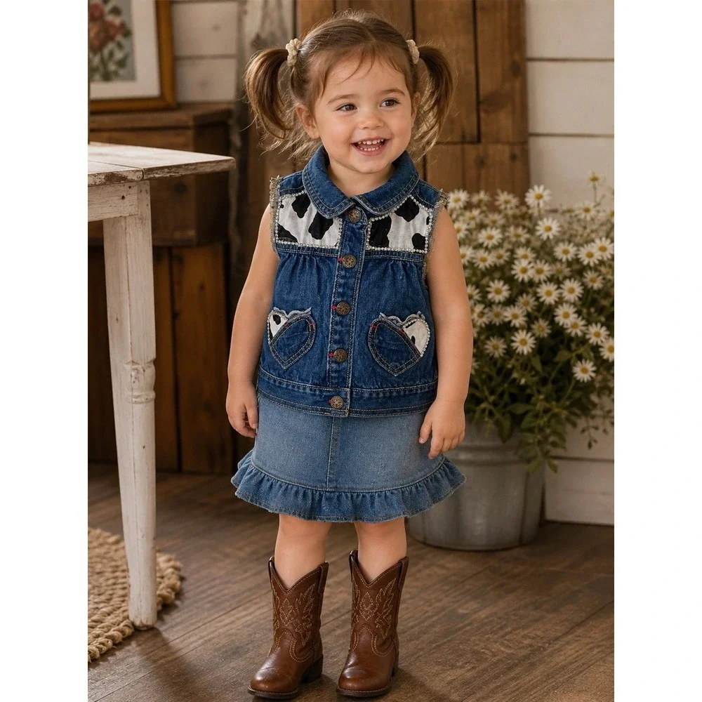 OshKosh B'gosh Toddler Western Bling Denim Vest Cow Print Jewel Trim Size 2T‎